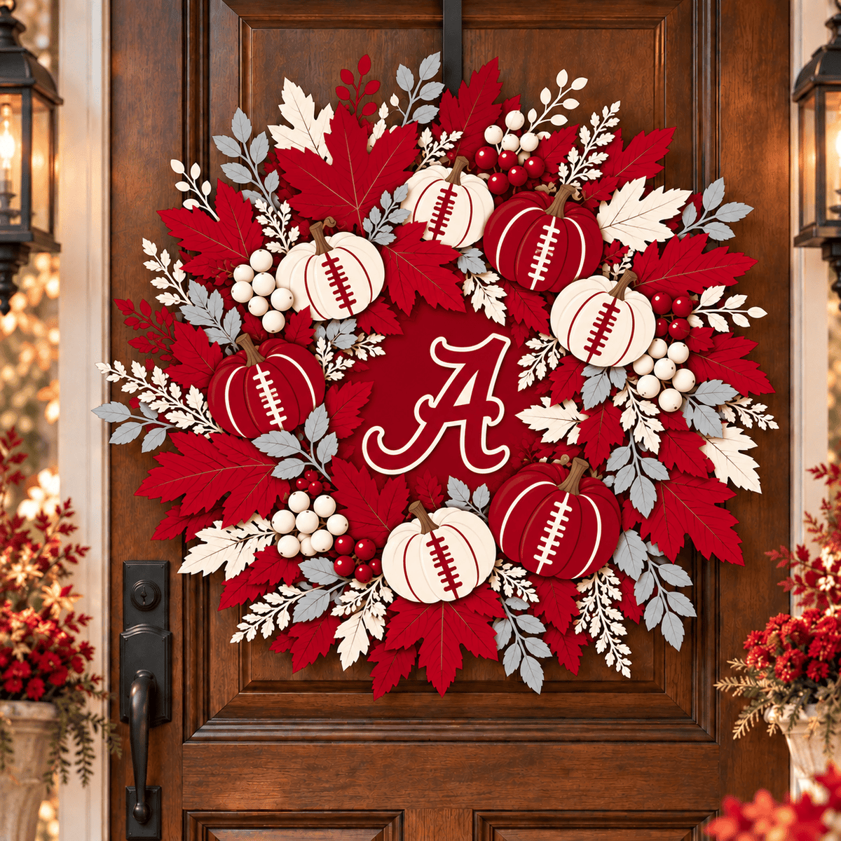 Alabama Crimson Tide Pumpkin & Maple Leaf Fall Football Wreath