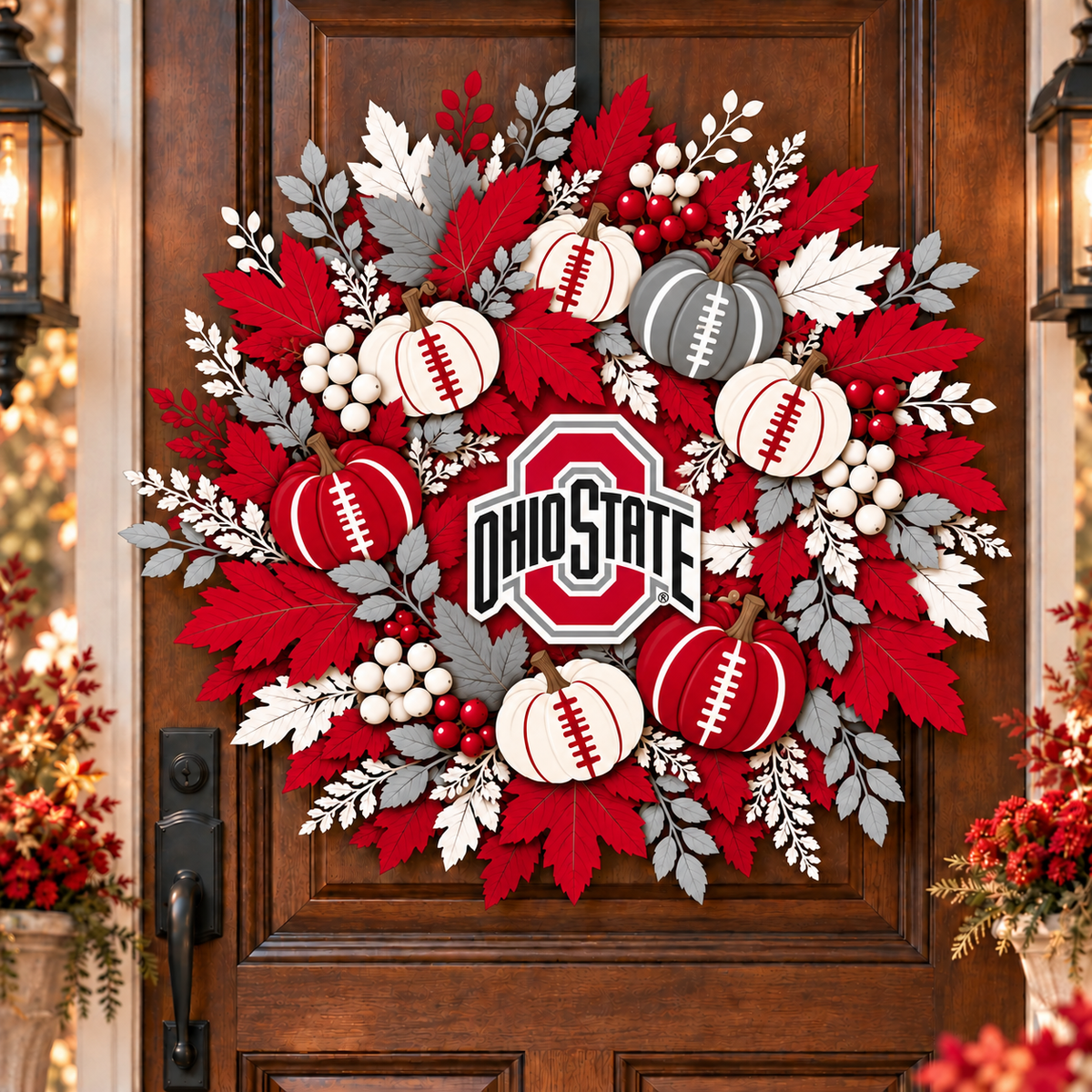 Ohio State Buckeyes Pumpkin & Maple Leaf Fall Football Wreath