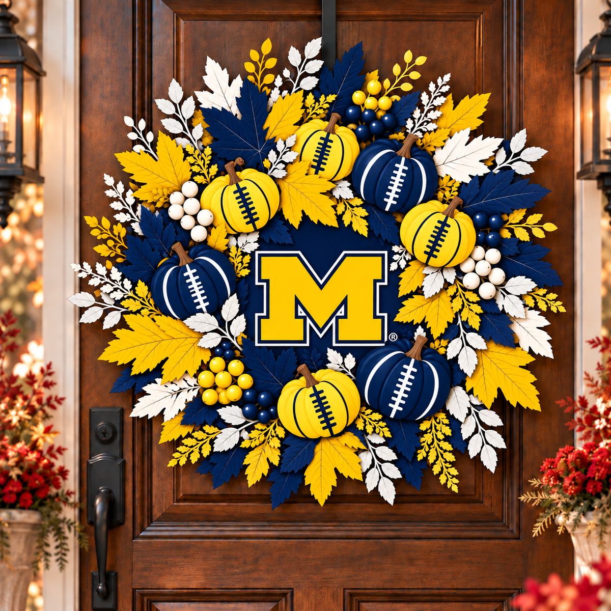 Michigan Wolverines Pumpkin & Maple Leaf Fall Football Wreath