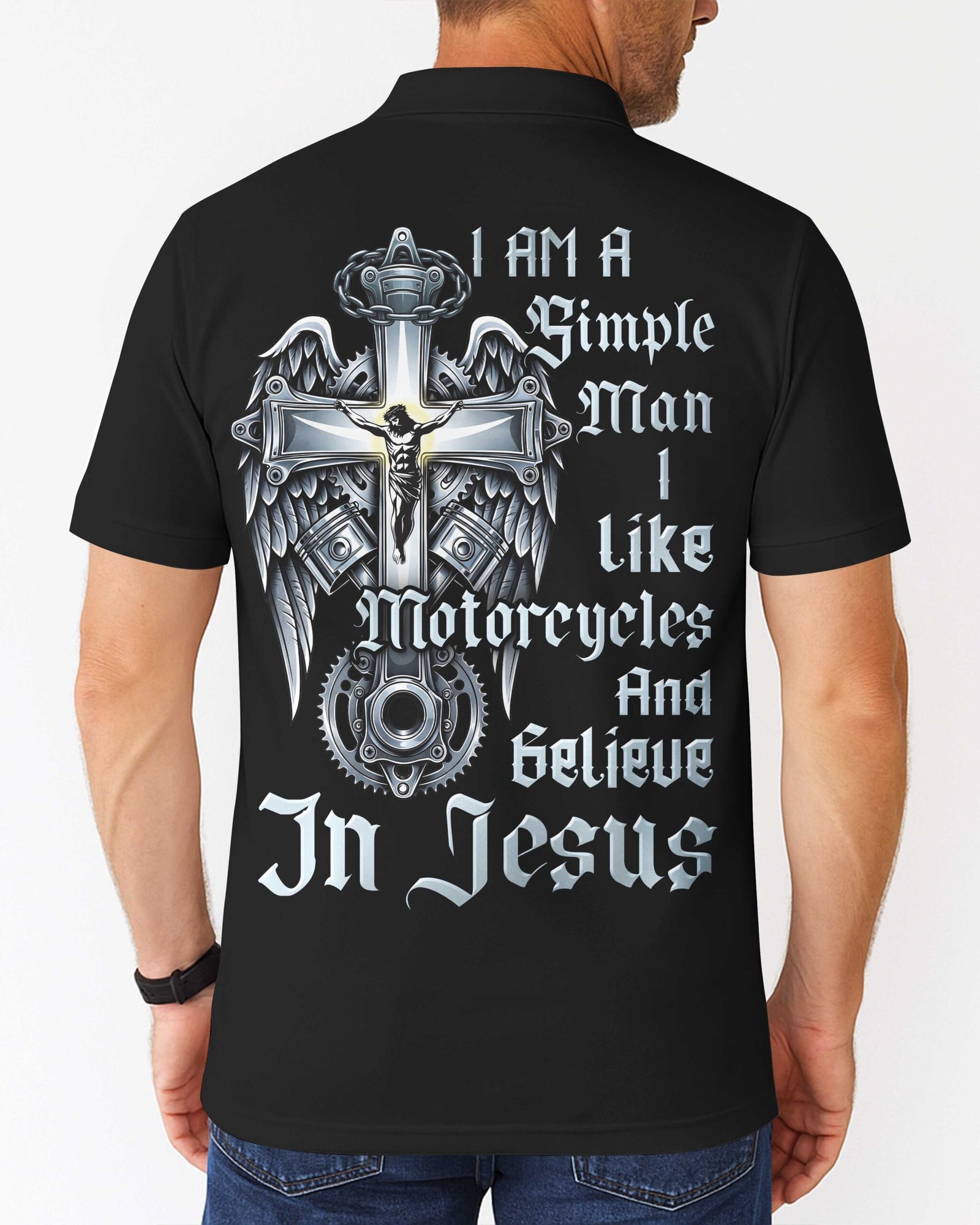 I Am A Simple Man I Like Motorcycles And Believe In Jesus Polo - Image 8