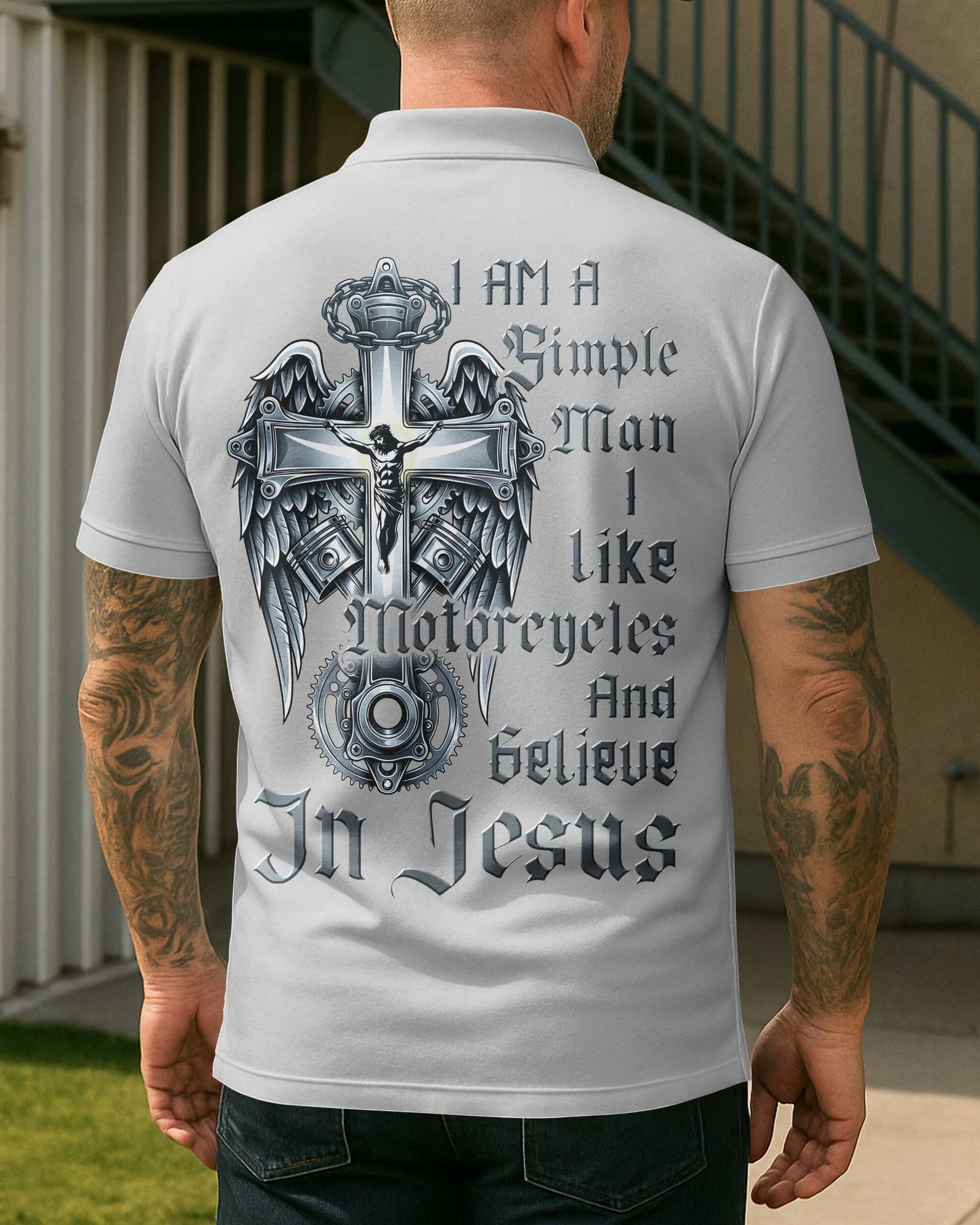 I Am A Simple Man I Like Motorcycles And Believe In Jesus Polo - Image 16