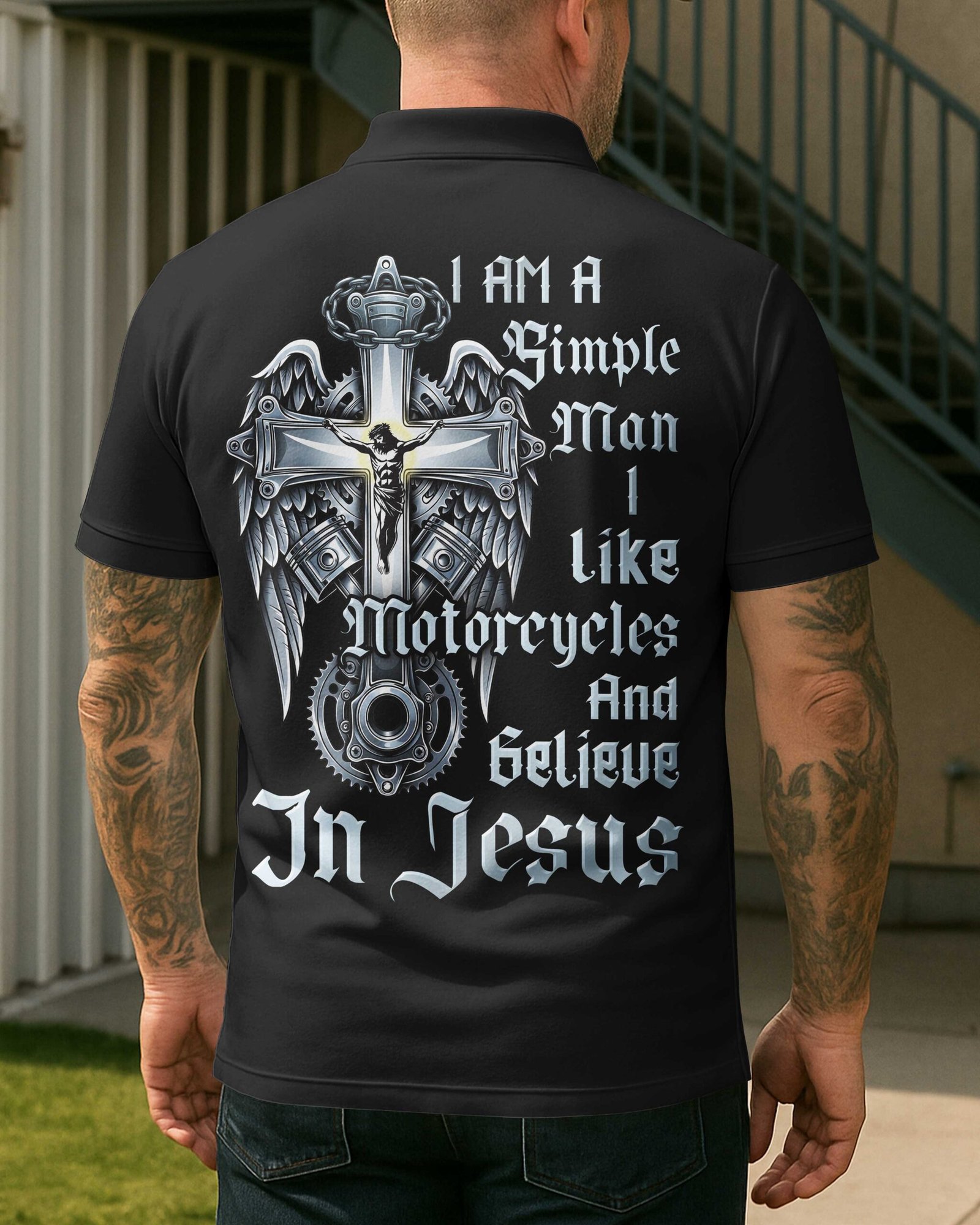I Am A Simple Man I Like Motorcycles And Believe In Jesus Polo - Image 6
