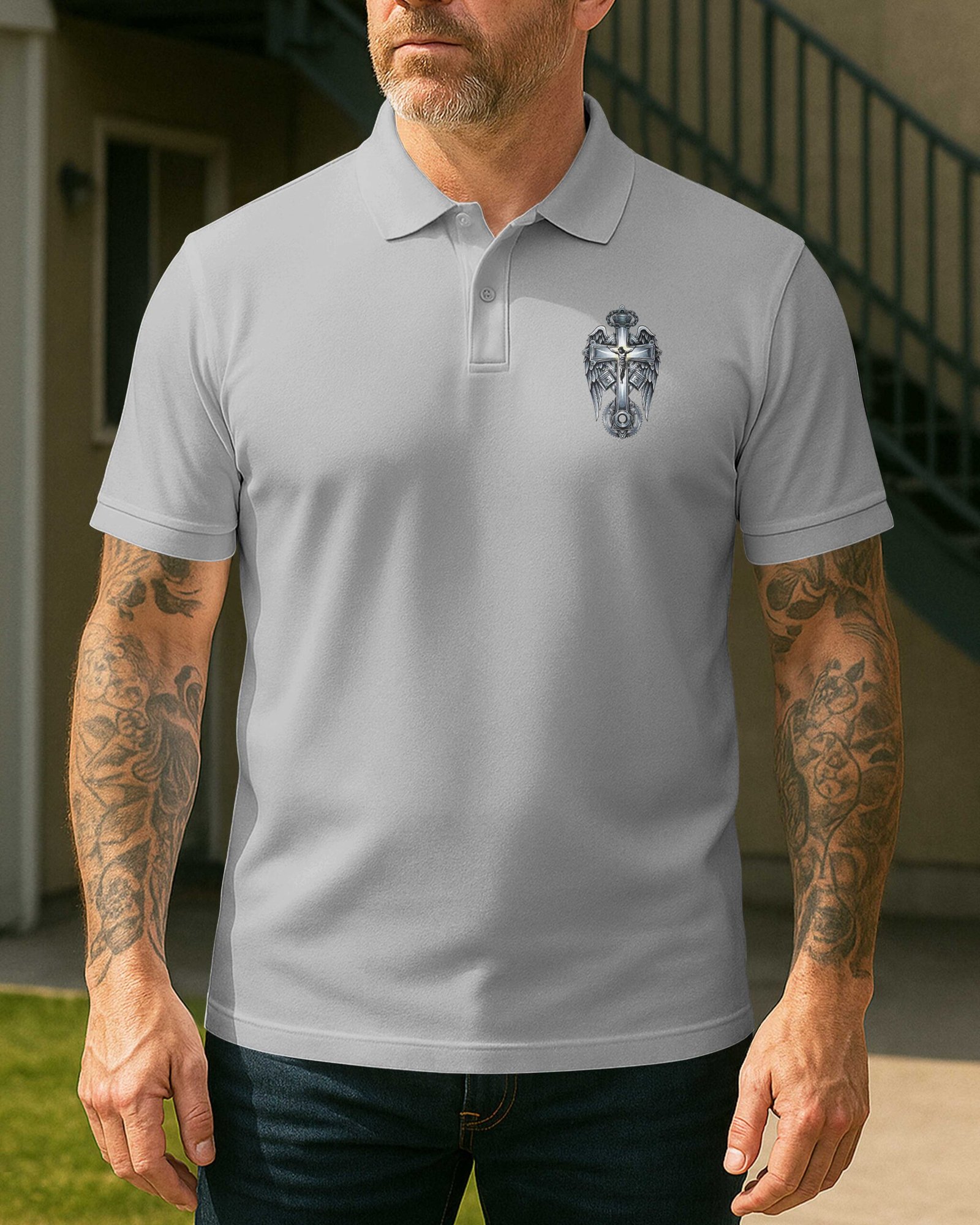 I Am A Simple Man I Like Motorcycles And Believe In Jesus Polo - Image 17