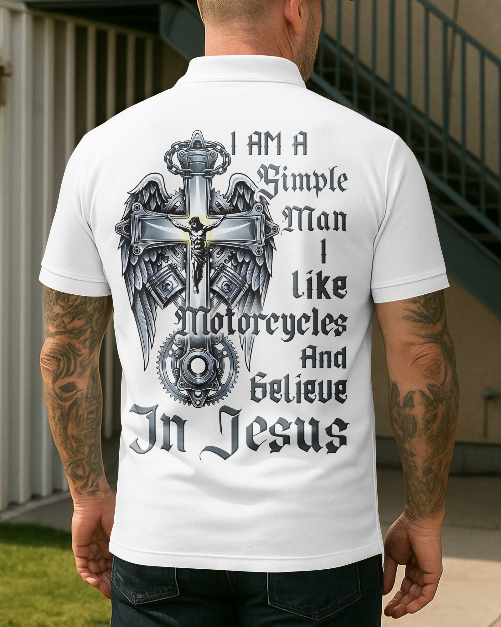I Am A Simple Man I Like Motorcycles And Believe In Jesus Polo - Image 2