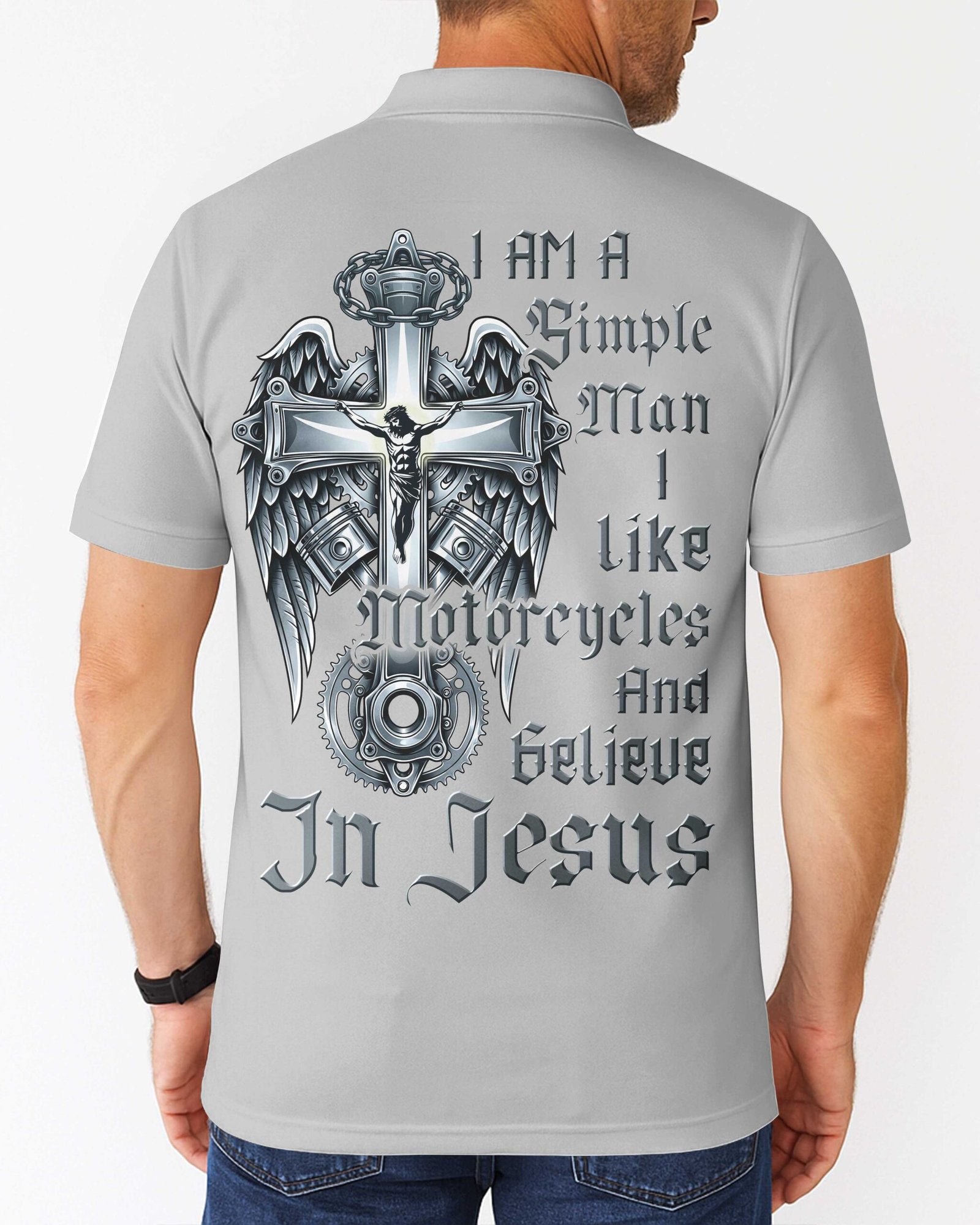 I Am A Simple Man I Like Motorcycles And Believe In Jesus Polo - Image 18