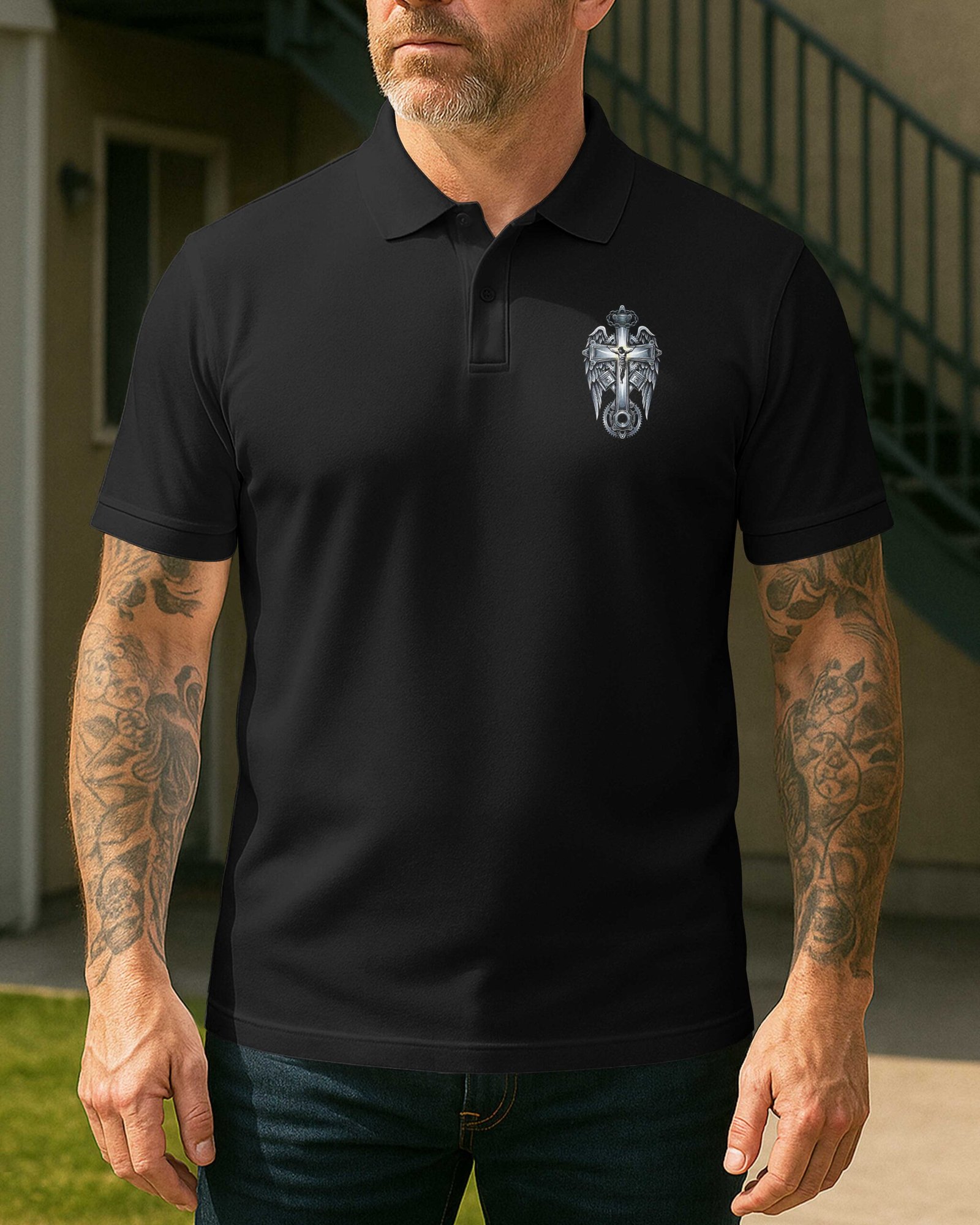I Am A Simple Man I Like Motorcycles And Believe In Jesus Polo - Image 7