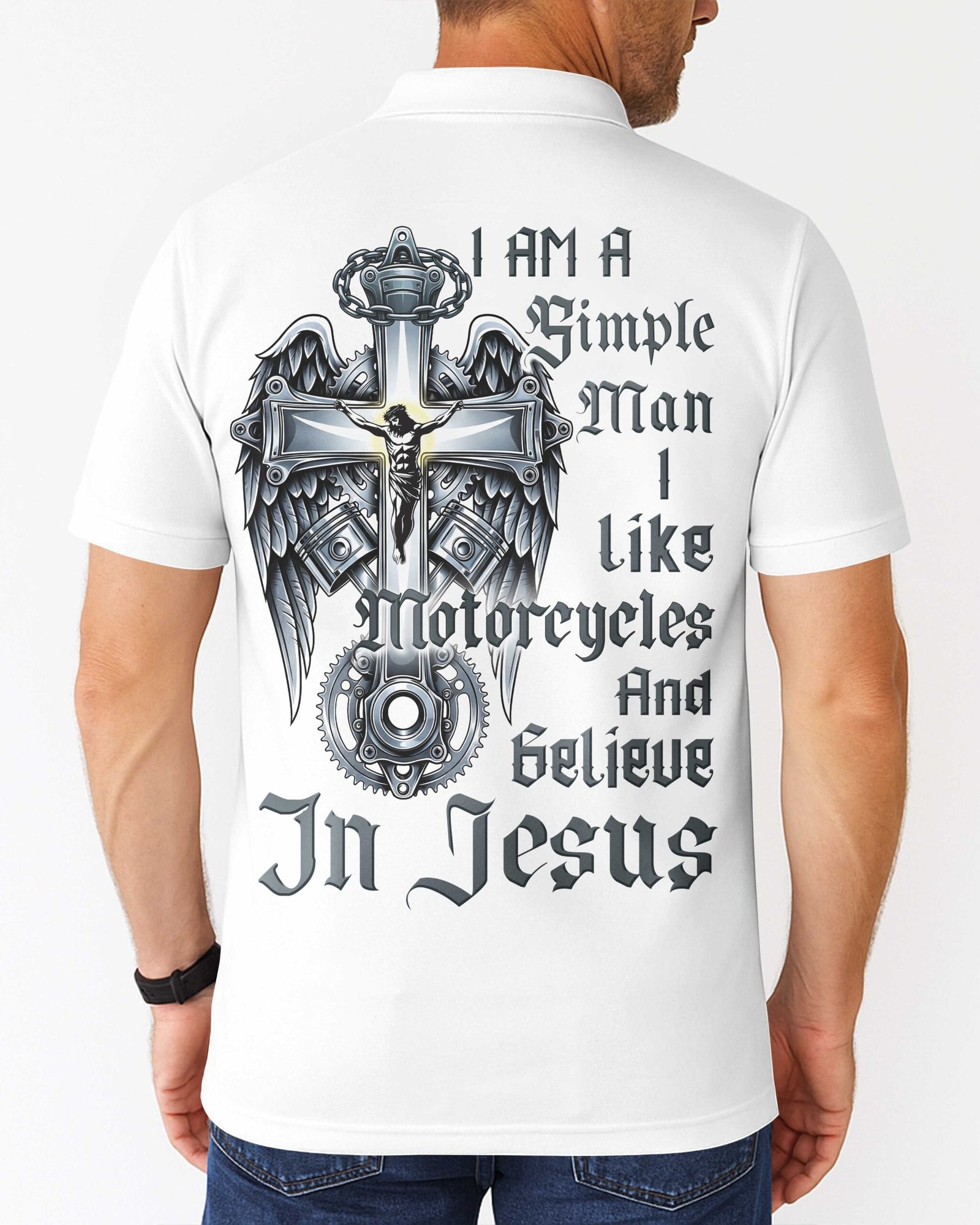 I Am A Simple Man I Like Motorcycles And Believe In Jesus Polo - Image 3