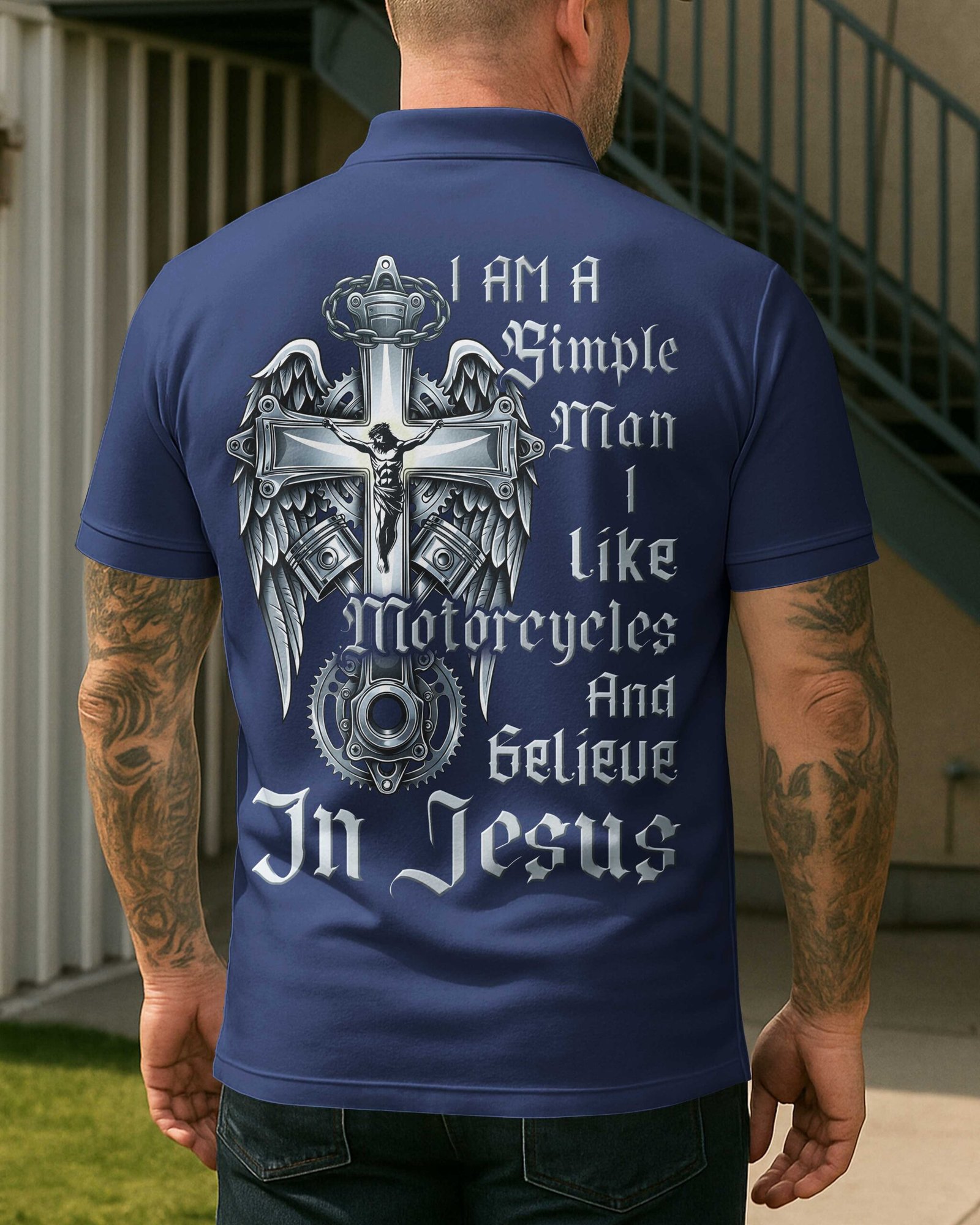 I Am A Simple Man I Like Motorcycles And Believe In Jesus Polo - Image 11