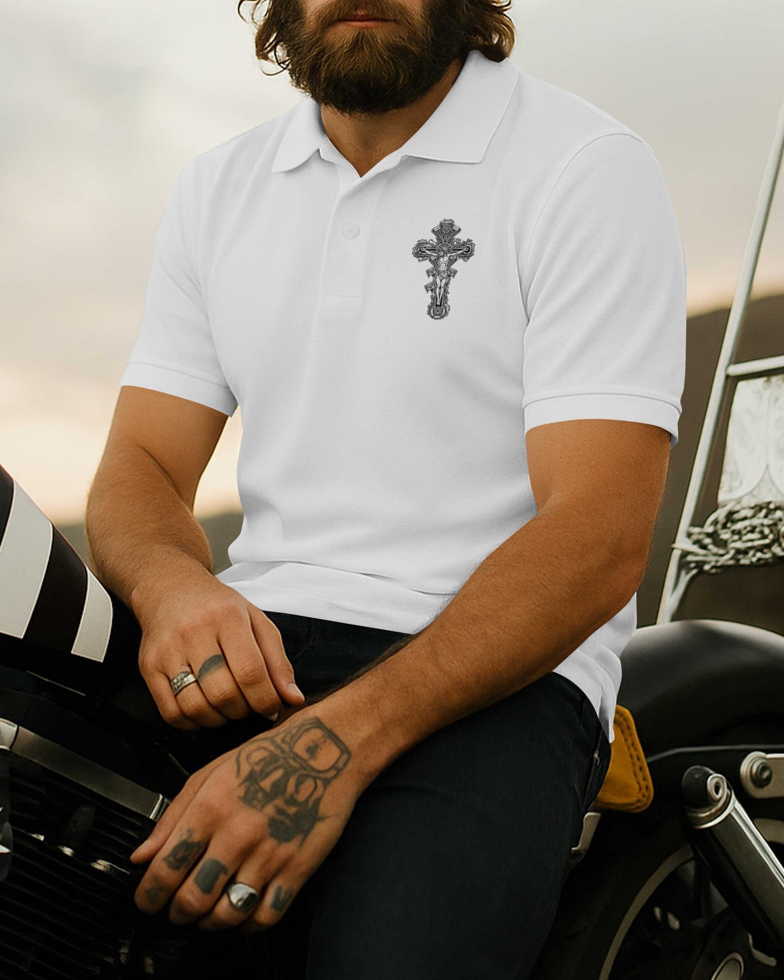 I Am A Simple Man I Like Motorcycles And Believe In Jesus Polo - Image 4