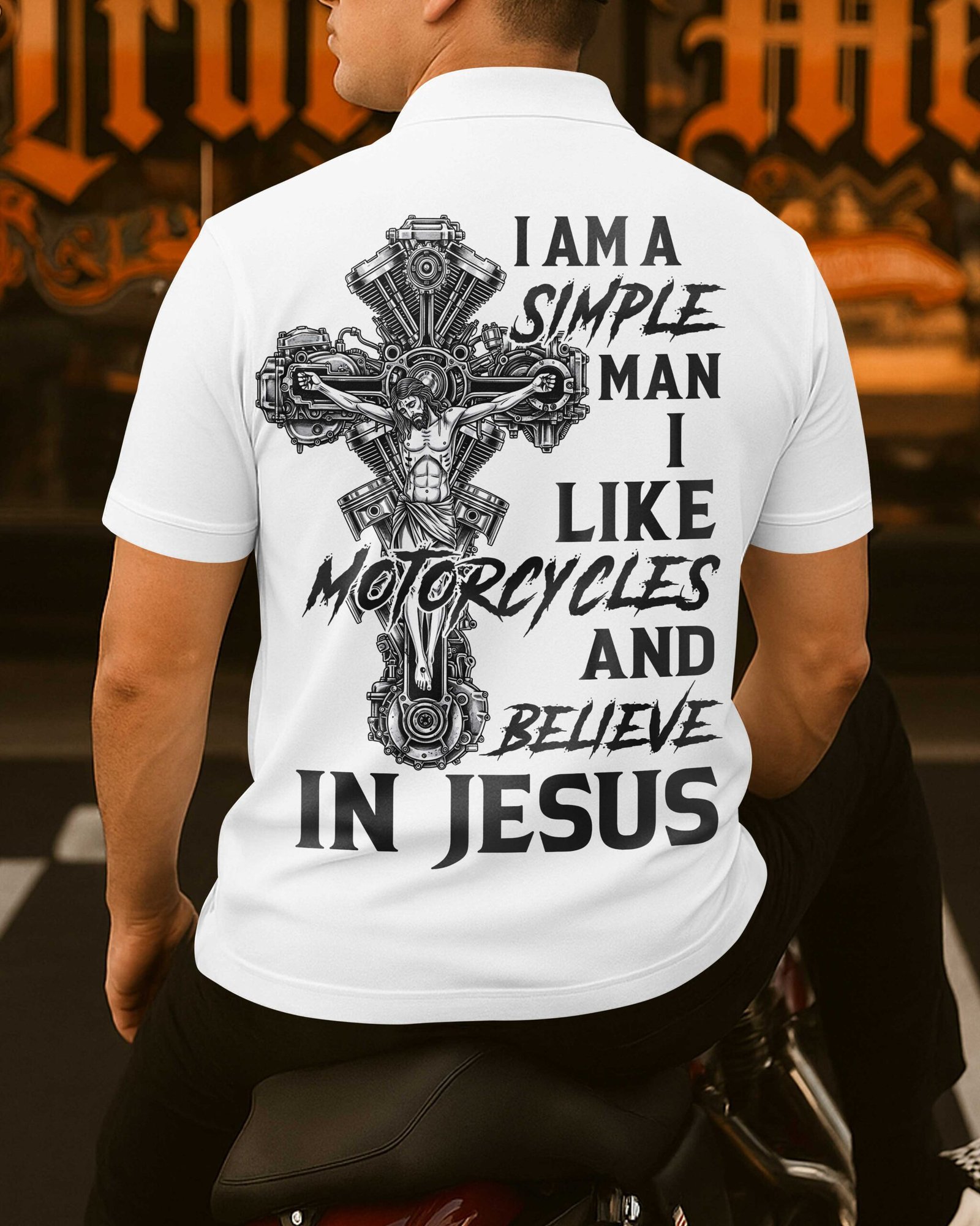 I Am A Simple Man I Like Motorcycles And Believe In Jesus Polo - Image 3